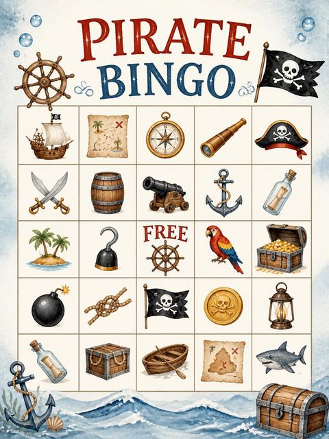 Bingo grid in the Watercolor Pirate Ship 4th Birthday Invitation design