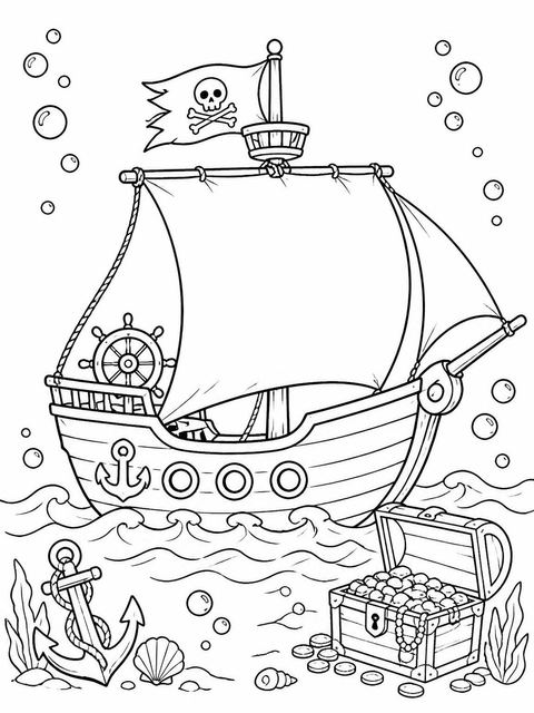 Coloring sheet in the Watercolor Pirate Ship 4th Birthday Invitation design