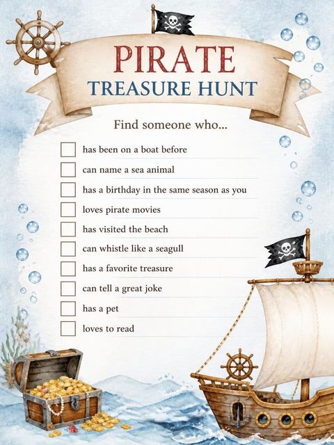 Scavenger hunt in the Watercolor Pirate Ship 4th Birthday Invitation design