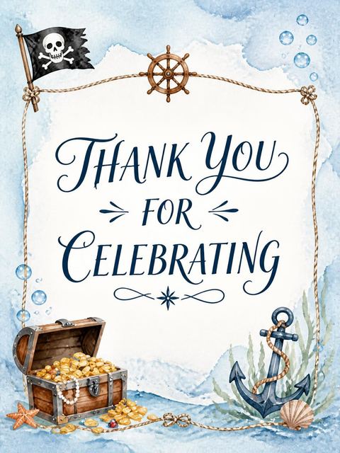 Thank-you flat in the Watercolor Pirate Ship 4th Birthday Invitation design