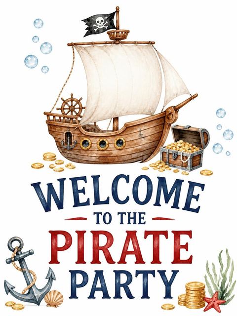 Welcome sign in the Watercolor Pirate Ship 4th Birthday Invitation design
