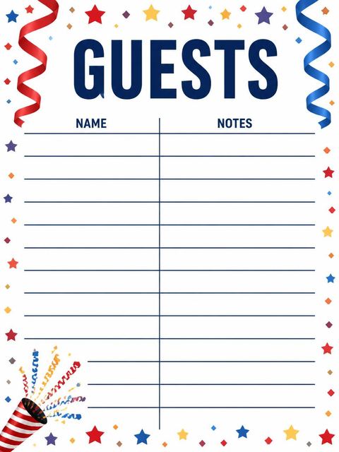 Guest sign-in sheet in the Red Blue Confetti 25th Birthday Party design