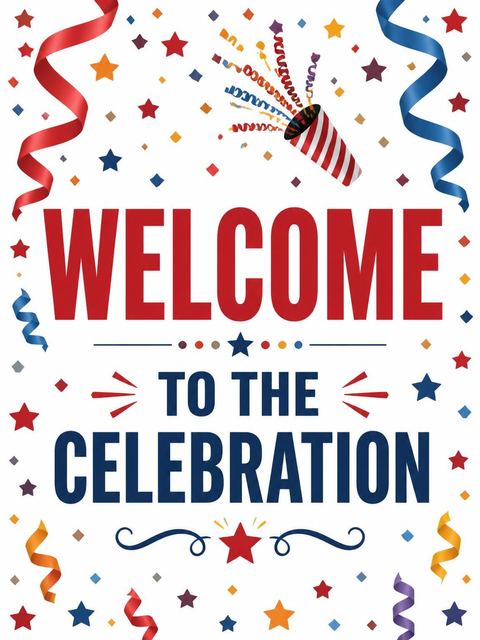 Welcome sign in the Red Blue Confetti 25th Birthday Party design