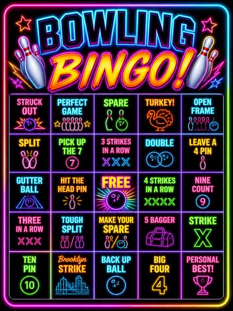 Bingo grid in the Neon Bowling Party 5th Birthday Invitation design