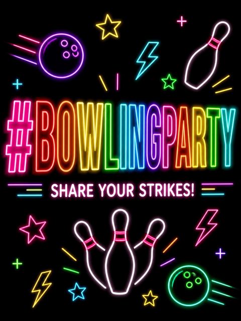 Hashtag card in the Neon Bowling Party 5th Birthday Invitation design
