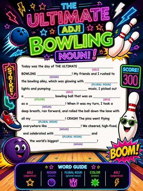 Mad libs in the Neon Bowling Party 5th Birthday Invitation design