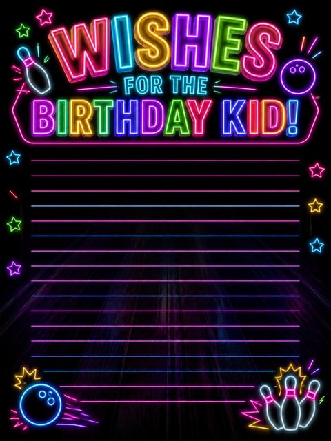 Wishes page in the Neon Bowling Party 5th Birthday Invitation design
