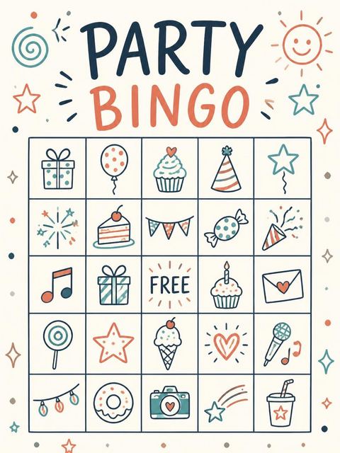 Bingo grid in the Navy and Coral Doodle 3rd Birthday design