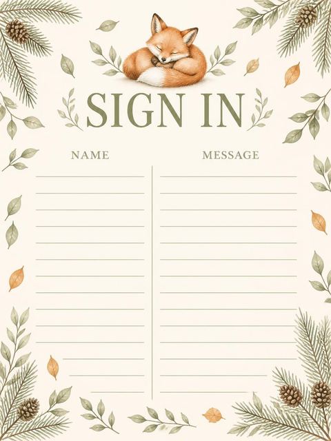 Guest sign-in sheet in the Watercolor Woodland Fox 1st Birthday design