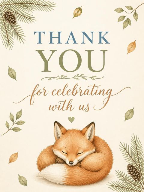 Thank-you flat in the Watercolor Woodland Fox 1st Birthday design