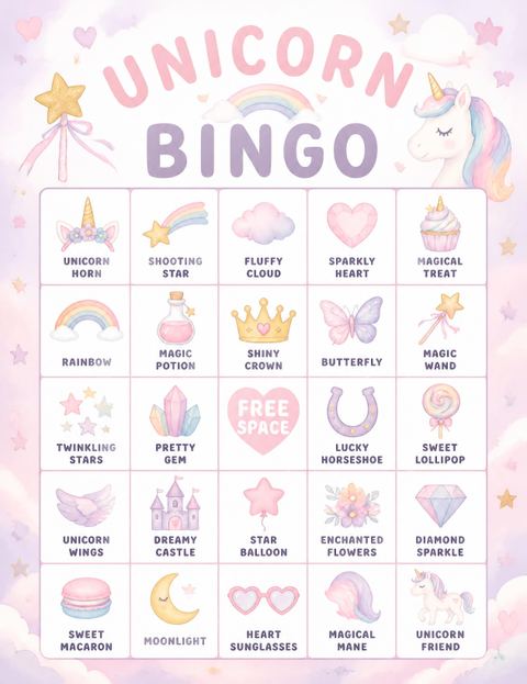 Bingo grid in the Pastel Watercolor Unicorn 5th Birthday Invitation design
