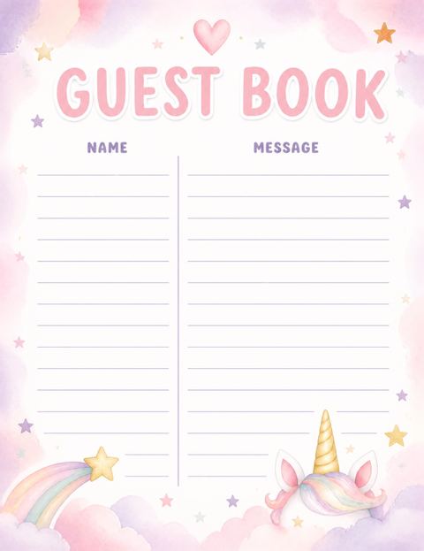 Guest sign-in sheet in the Pastel Watercolor Unicorn 5th Birthday Invitation design