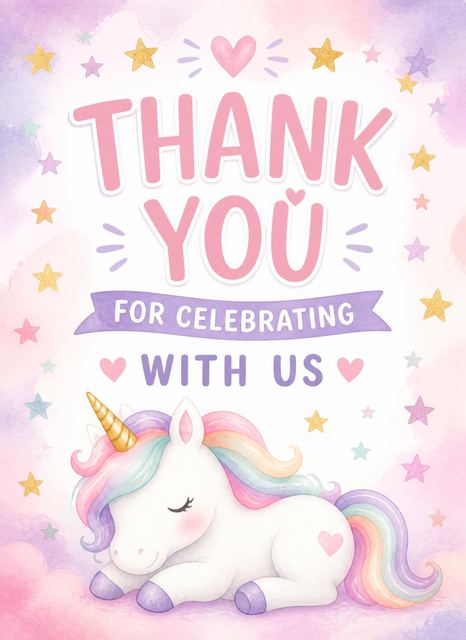 Thank-you flat in the Pastel Watercolor Unicorn 5th Birthday Invitation design