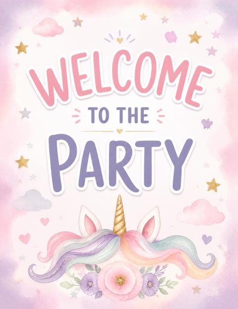 Welcome sign in the Pastel Watercolor Unicorn 5th Birthday Invitation design