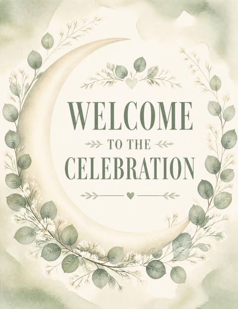 Welcome sign in the Watercolor Crescent Moon Sip and See design