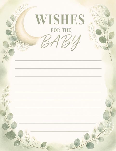 Wishes page in the Watercolor Crescent Moon Sip and See design