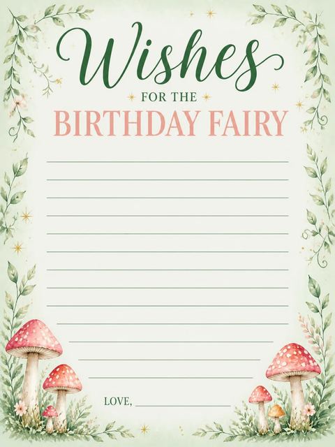 Wishes page in the Sage Watercolor Fairy 5th Birthday design