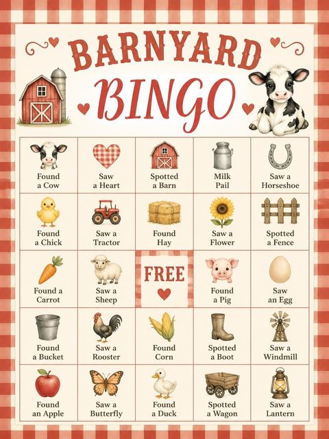 Bingo grid in the Red Gingham Cow 2nd Birthday design