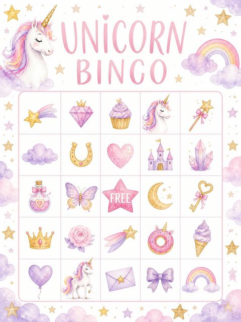 Bingo grid in the Watercolor Unicorn 6th Birthday Invitation design