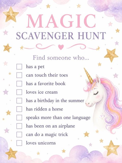 Scavenger hunt in the Watercolor Unicorn 6th Birthday Invitation design