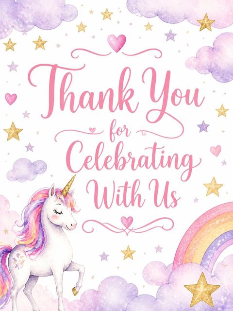 Thank-you flat in the Watercolor Unicorn 6th Birthday Invitation design
