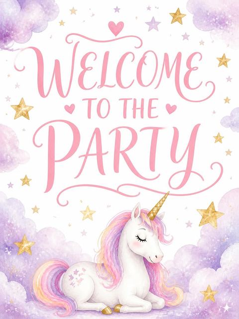 Welcome sign in the Watercolor Unicorn 6th Birthday Invitation design