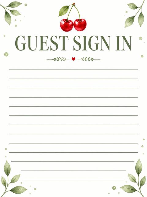 Guest sign-in sheet in the Watercolor Cherry 1st Birthday Invitation design