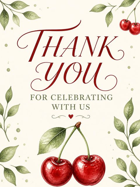Thank-you flat in the Watercolor Cherry 1st Birthday Invitation design