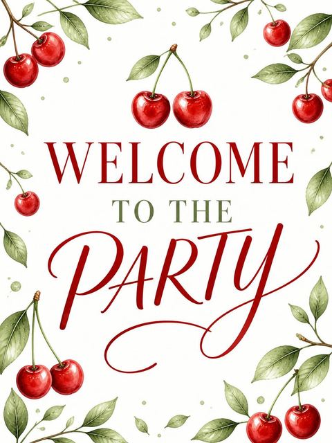 Welcome sign in the Watercolor Cherry 1st Birthday Invitation design