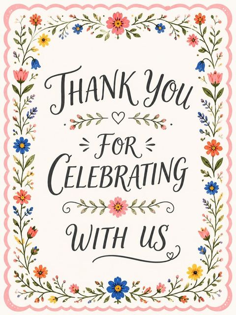 Thank-you flat in the Pink Scallop Wildflower 21st Birthday Invitation design