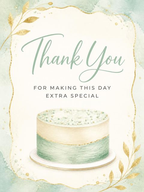 Thank-you flat in the Sage Watercolor Cake 40th Birthday design