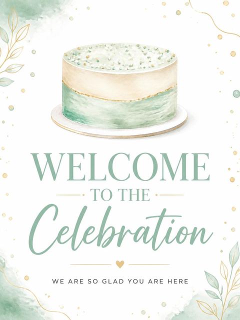 Welcome sign in the Sage Watercolor Cake 40th Birthday design