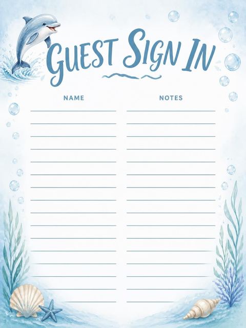Guest sign-in sheet in the Watercolor Dolphin Ocean 5th Birthday design