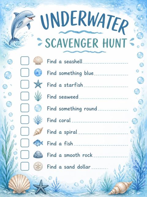 Scavenger hunt in the Watercolor Dolphin Ocean 5th Birthday design