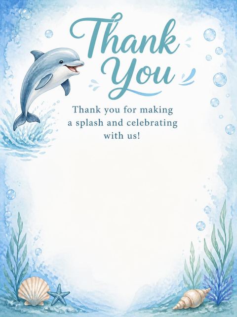 Thank-you flat in the Watercolor Dolphin Ocean 5th Birthday design