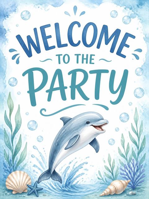 Welcome sign in the Watercolor Dolphin Ocean 5th Birthday design