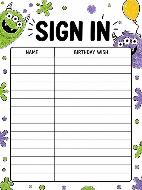 Guest sign-in sheet in the Crayon Monster Illustration 8th Birthday Party design