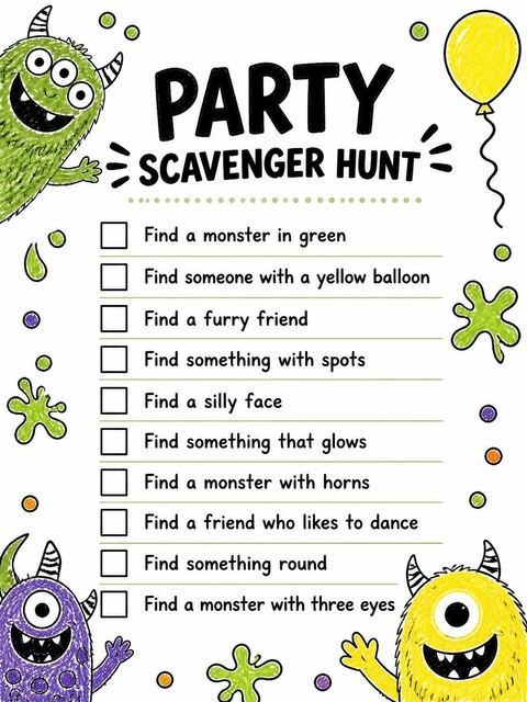 Scavenger hunt in the Crayon Monster Illustration 8th Birthday Party design