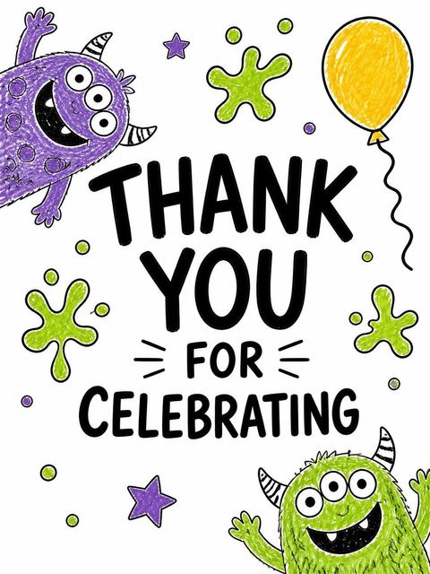 Thank-you flat in the Crayon Monster Illustration 8th Birthday Party design