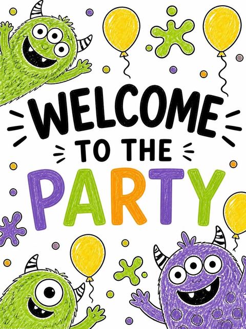 Welcome sign in the Crayon Monster Illustration 8th Birthday Party design