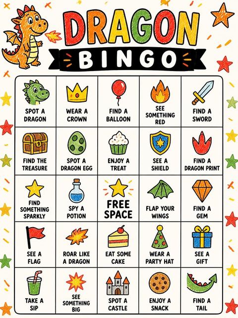 Bingo grid in the Orange and Green Dragon 2nd Birthday design