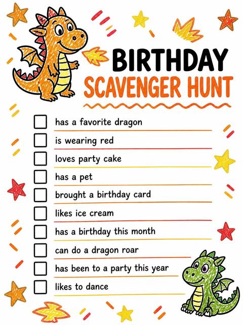 Scavenger hunt in the Orange and Green Dragon 2nd Birthday design