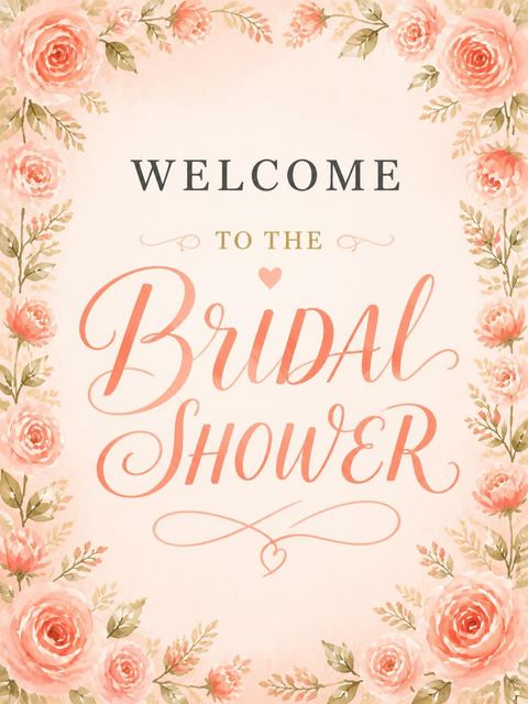 Welcome sign in the Watercolor Coral Rose Bridal Shower design