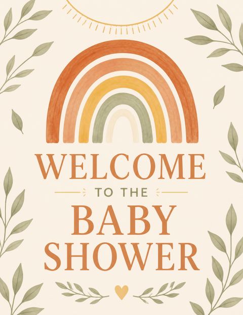 Welcome sign in the Terracotta Rainbow Baby Shower Invitation design