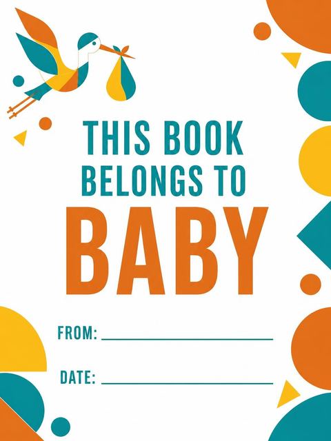 Books for baby bookplate in the Teal and Orange Geometric Stork Shower design