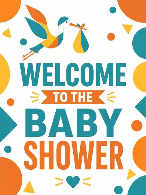 Welcome sign in the Teal and Orange Geometric Stork Shower design