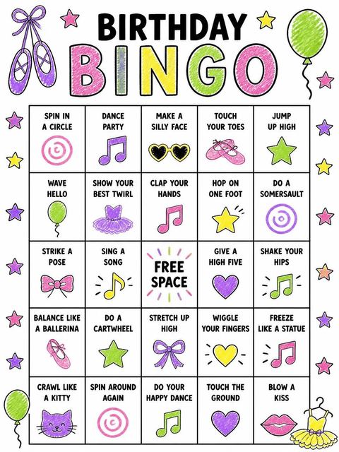 Bingo grid in the Crayon Ballerina Tutu 3rd Birthday design