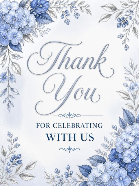 Thank-you flat in the Blue Hydrangea Silver Bridal Shower design