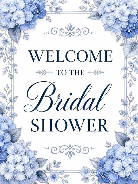 Welcome sign in the Blue Hydrangea Silver Bridal Shower design