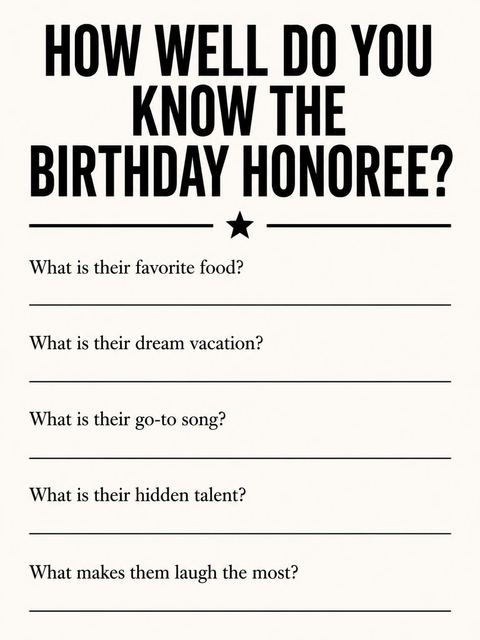 Couples trivia card in the Cream Black Typographic Birthday Invitation design